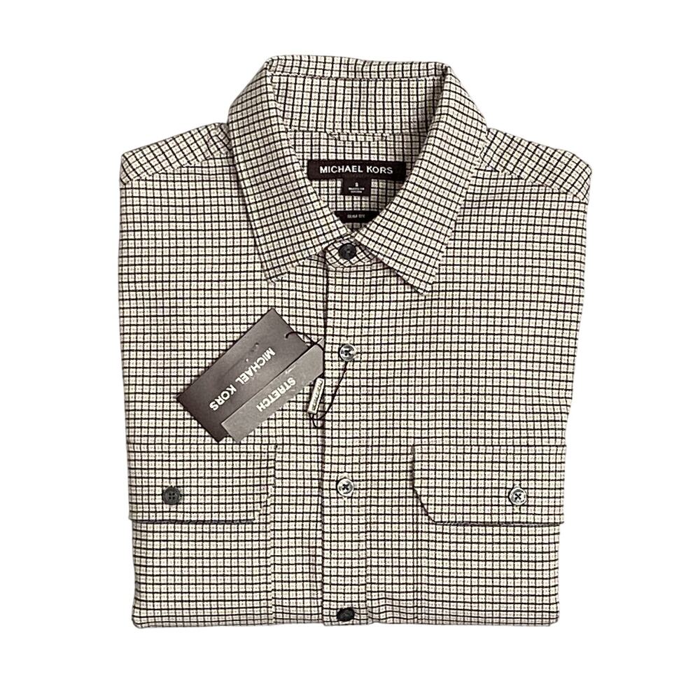 Michael Kors Shirt Men's Small Button-Up Shirt Slim Fit Dual Pockets Khaki NEW